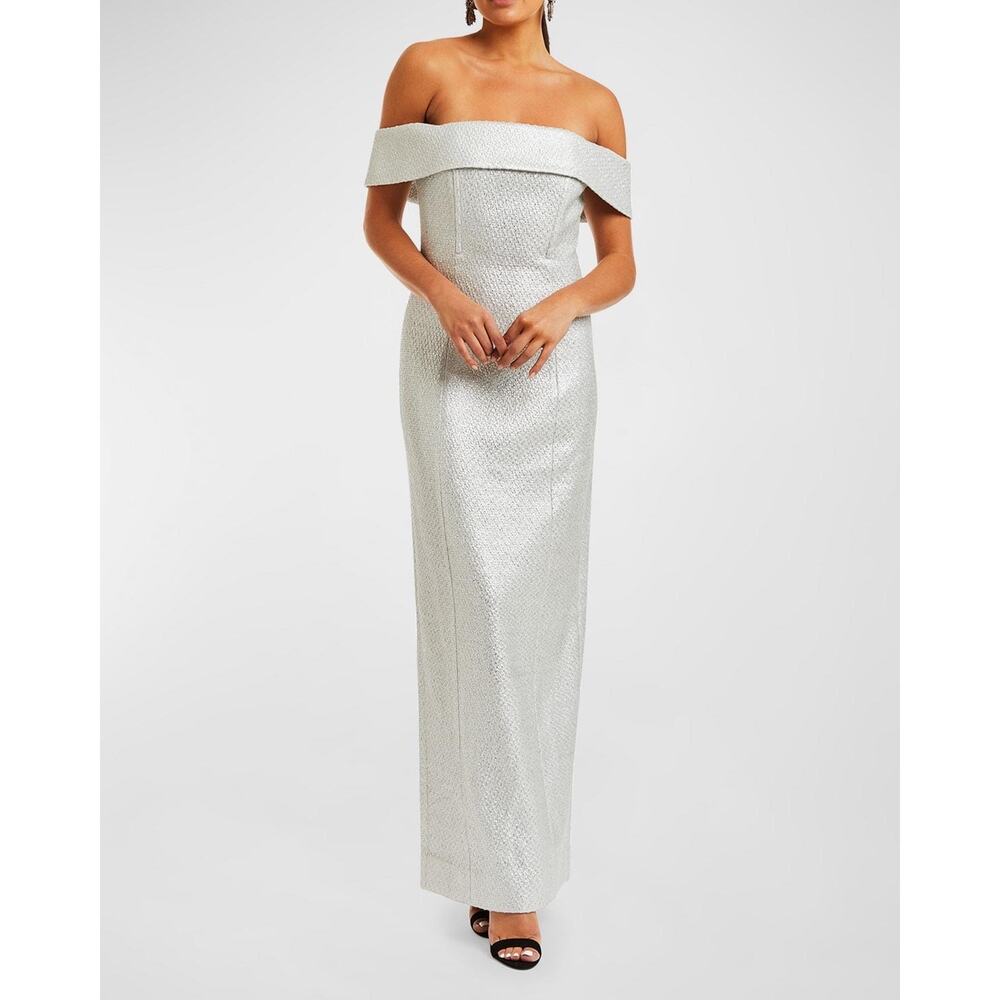 Mestiza New York Mona Silver Metallic Tweed Off the Shoulder Formal Gown 14